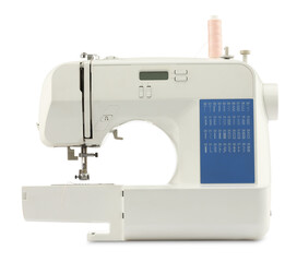 One modern sewing machine isolated on white