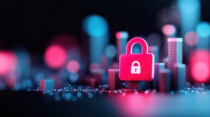 Padlock with Network Nodes: A futuristic cityscape with interconnected buildings and a holographic padlock icon, representing smart city security, data protection, and network infrastructure.