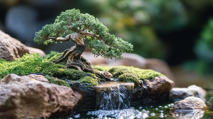 Obraz premium Bonsai Tree with Waterfall