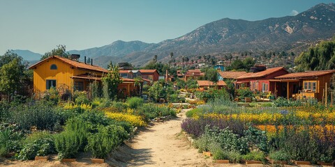 Idyllic mountain village with colorful houses and vibrant flower gardens.