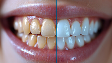 A before and after photo of teeth with white toothpaste, showing the brightening effect on their smile. 