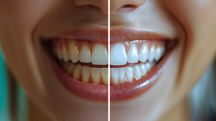 A before and after photo of teeth with white toothpaste, showing the brightening effect on their smile. 