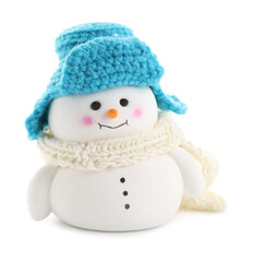 Cute decorative snowman in hat and scarf isolated on white