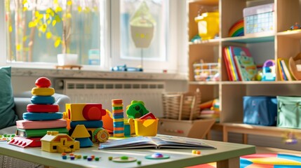 Children's play table with colorful toys and books in a bright room