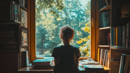 A child looking out the window on a sunny day, surrounded by untouched books and games, longing for something more engaging to do.