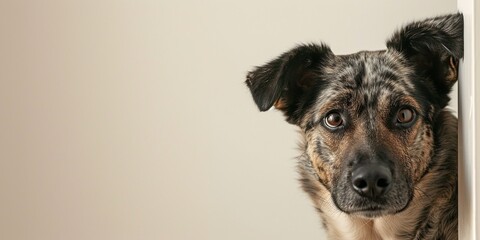 Dog peeks cautiously around the corner of a plain background, concept of Curiosity