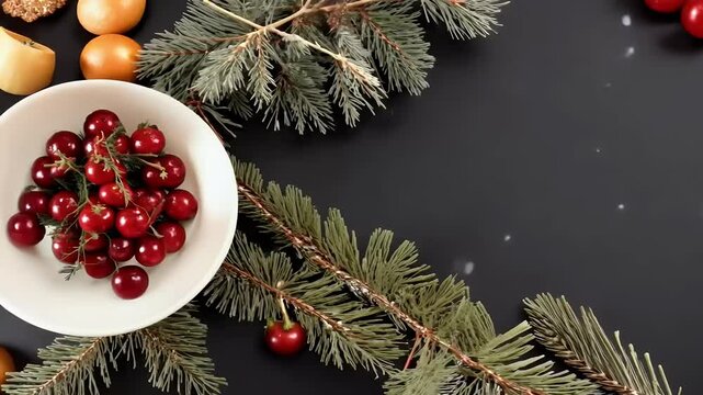 Fresh red cranberries white cup cinnamon sticks dried orange circles spruce branches creating cozy holiday scene dark background video copy space cranberry berry food sweet ripe vitamin harvest  