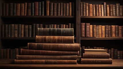 A wooden shelf with old books and a light beam