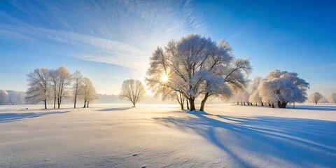 Obraz premium Serene winter landscape showcasing frost-covered trees bathed in the warm glow of sunrise, casting long shadows across a pristine snow field.