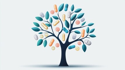 Obraz premium Leaf and Plant Icons with Vitamin Labels: A stylized tree with vitamin icons hanging from its branches, representing the connection between nature and human health.