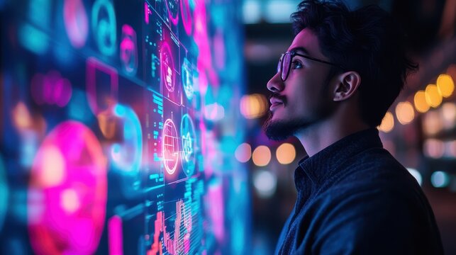 A creative professional brainstorming ideas using AI-generated concepts on a digital board, with smart technology facilitating the creative process.