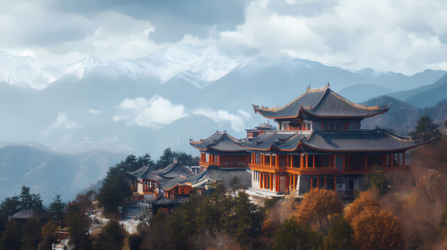 Rizhao golden hill in yunnan province - meili snow mountain. Halcyon. Illustration