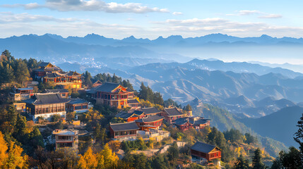 Rizhao golden hill in yunnan province - meili snow mountain. Halcyon. Illustration