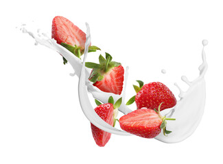 Strawberries and splashing milk or yogurt in air on white background