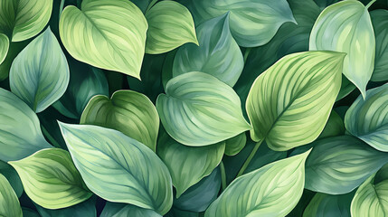 Seamless hosta halcyon leaves pattern. watercolor background with green leaf illustration for wallpapers, textile, decor design. Halcyon. Illustration