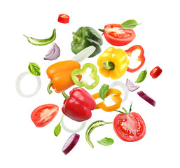 Many different fresh vegetables in air on white background