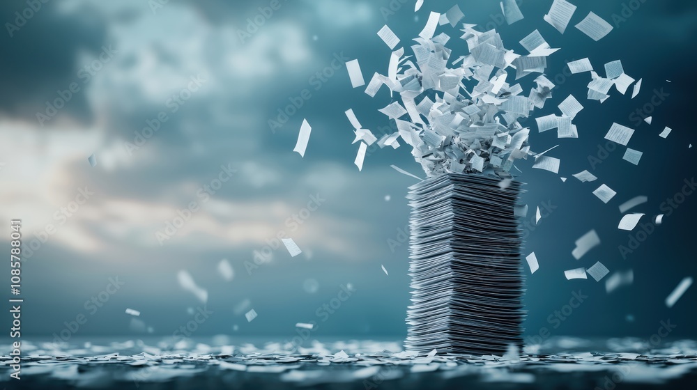 Poster stacks of documents folders: a shredder destroying stacks of documents, representing data security, 
