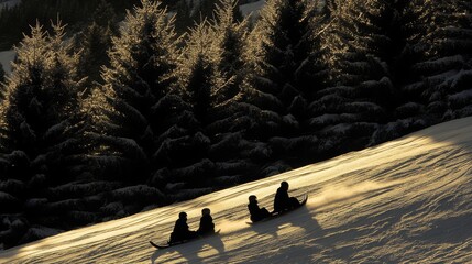 Three people sledding down a snowy hill with a forest in the background.