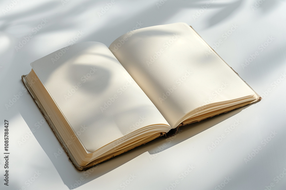 Aufkleber an open diary with blank cream-colored pages lying on a pristine white surface, with a soft shadow o