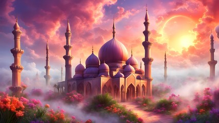 Majestic mosque at sunset, shrouded in mist and vibrant flowers.