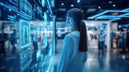 A futuristic retail experience where a shopper uses AI-driven virtual try-ons and smart shopping assistants in a high-tech store environment.