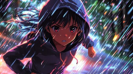 Animated Anime Character Braving Stormy Neon Landscape with Dynamic Motion and Intensity