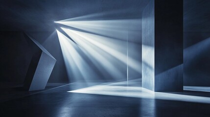 Abstract modern architectural space featuring dramatic light rays illuminating geometric structures, creating a tranquil and mysterious atmosphere of shadows and reflections