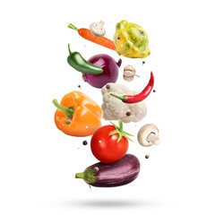 Fresh vegetables and spices in air on white background