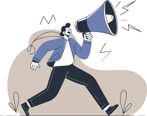 man running with megaphone symbolizing announcement and communication on transparent background.

