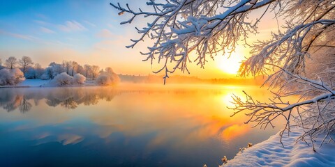 Fototapeta premium Serene Winter Sunrise Over a Tranquil Frozen Lake, Snow-Covered Branches Framing the Golden Hour