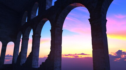 Twilight Mystique: 3D Render of Ancient Roman Ruins with Crumbling Arches and Dramatic Sky, Symbolizing Passage of Time