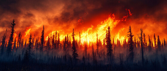 dramatic wildfire scene with bright flames engulfing tall trees, creating vivid contrast against dark smoke filled sky. intense heat and energy of fire evoke sense of urgency and danger