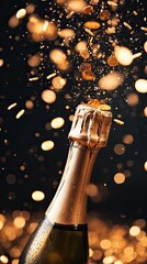 champagne bottle popping open golden coin