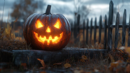 A glowing jack-o'-lantern sits outside a rustic wooden fence on a cloudy autumn evening, creating a spooky Halloween atmosphere