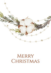 Minimalist Merry Christmas Card with Cotton and Greenery