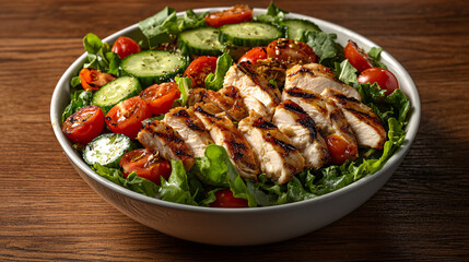 Fototapeta premium Fresh salad bowl with grilled chicken, cherry tomatoes, and cucumbers, showcasing vibrant colors and healthy ingredients. Perfect for nutritious meal or side dish