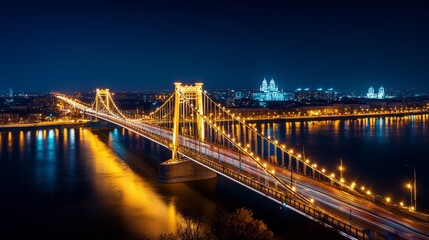 Fototapeta premium A stunning night view of a beautifully lit bridge over a river, showcasing city lights and a distant skyline.