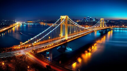 Naklejka premium A stunning night view of a city bridge illuminated with bright lights, reflecting beautifully on the water below.