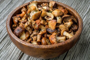 Fototapeta premium Fried blend of wild mushrooms in a bowl, a delicious mix of wild mushrooms, fried to perfection and served in a bowl.