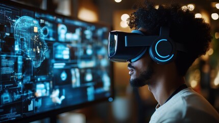 A person working on a complex project with the assistance of AI tools, virtual reality visualizations, and smart technology, showcasing human-AI collaboration.