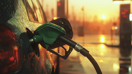 green fuel nozzle filling car at gas station during sunset, creating serene atmosphere. reflections on car add to beauty of scene