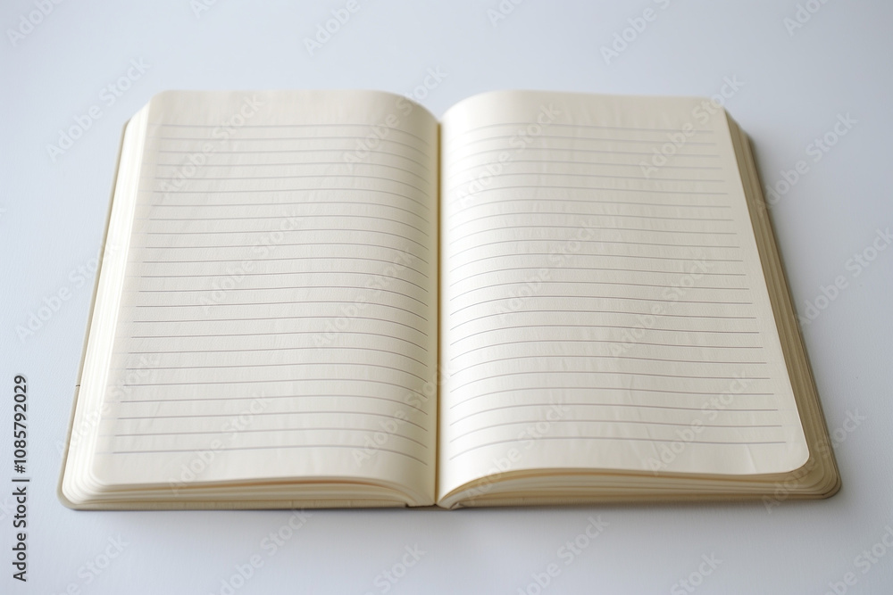 Poster an open notepad with ruled lines, resting flat on a bright white backdrop, showing the faint texture