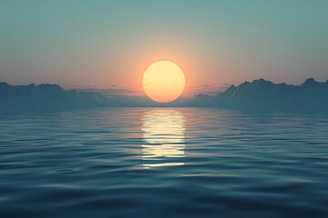 Obraz premium Serene Sunset Over Calm Ocean Mountains