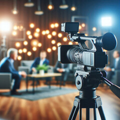 Professional video camera capturing discussion in well lit studio. scene features modern setup with soft lighting and comfortable seating, creating engaging atmosphere