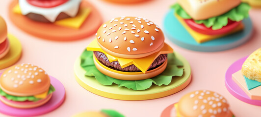 A cute hamburger toy is placed on the table, surrounded by other small colorful plates with different types of burgers on them