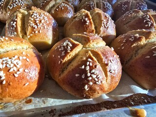 homemade buns sprinkled with sesame seeds