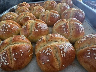 homemade buns sprinkled with sesame seeds