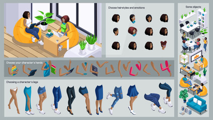 Isometric Black WoMan characters constructor for design. Use Separate Body Parts to Create An Animated Character. Set of Emotions, Hairstyles, Hands and Feet. Se