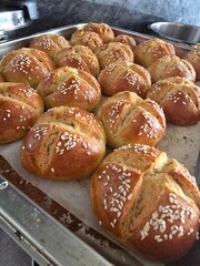 homemade buns sprinkled with sesame seeds