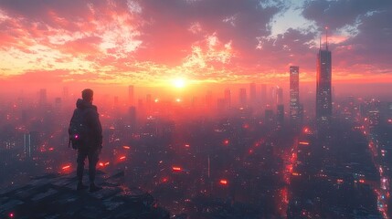 Fototapeta premium Digital sunrise over cyber city skyline